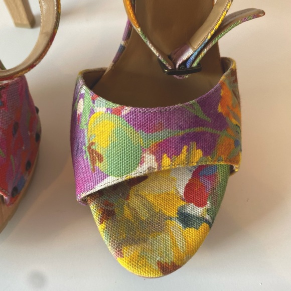 STELLA MCCARTNEY Floral Canvas & Wooden Platform Heels Sandals SZ 40 - Picture 8 of 11